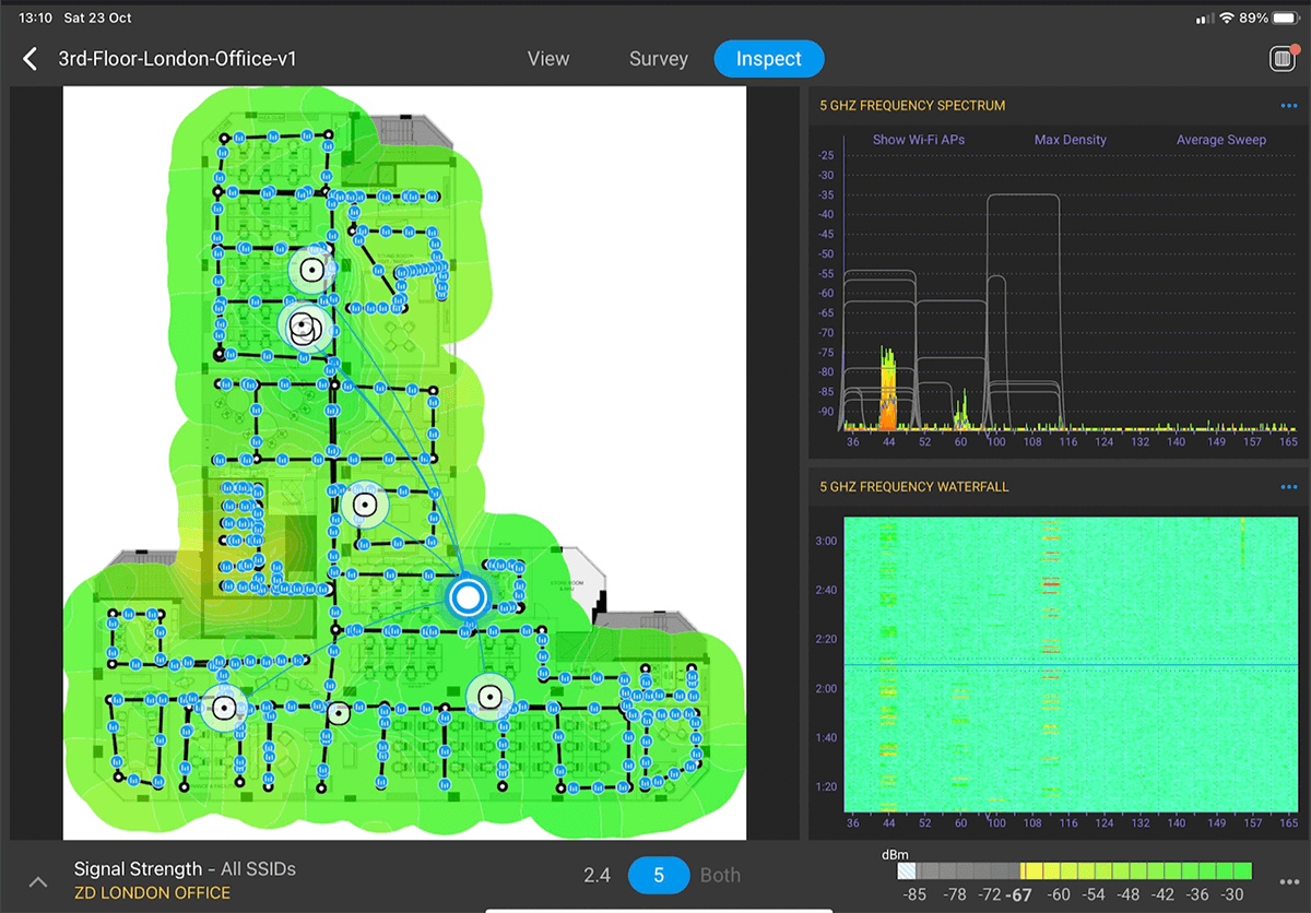 Wi-Fi site survey mobile app showing 5 GHz frequency waterfall view